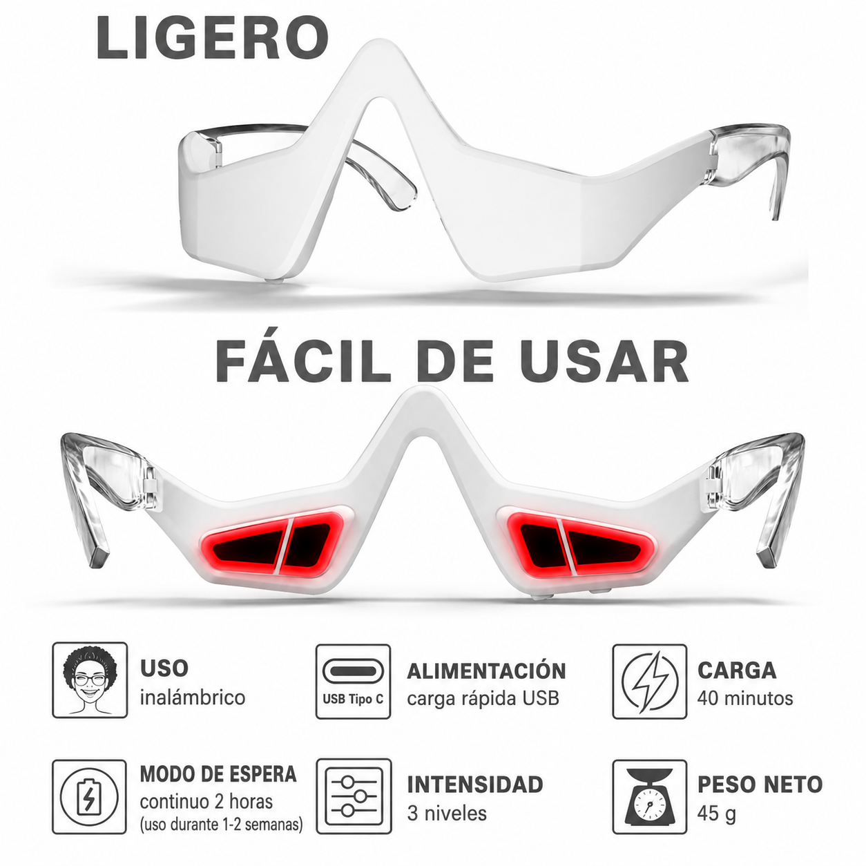 Gafas de terapia con luz roja para ojos, dispositivo contra ojeras y bolsas.