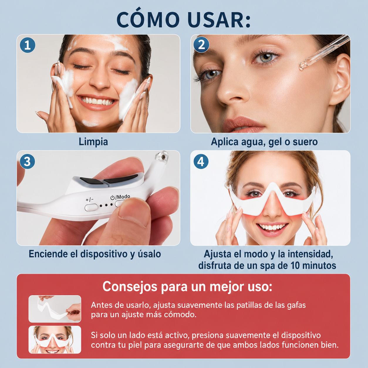 Gafas de terapia con luz roja para ojos, dispositivo contra ojeras y bolsas.